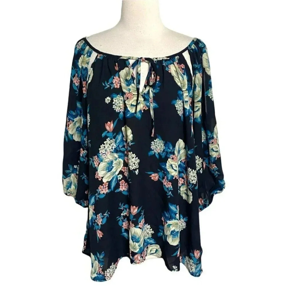 Liberty Love Blouse 3XL Black Floral Cold Shoulder Tie Neck Peasant Top